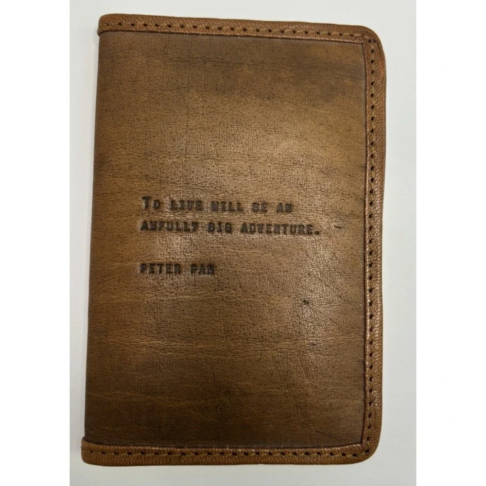 Sugarboo & Co Tan Leather Passport Notebook Cover Peter Pan Quote To Live Will